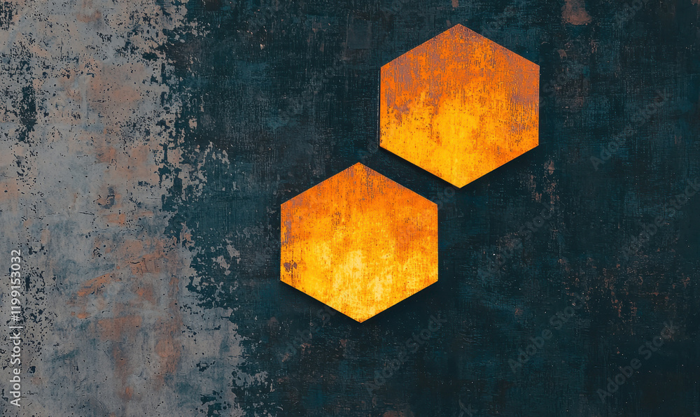 Poster intriguing abstract design featuring hexagonal patterns in vibrant orange textures with industrial a