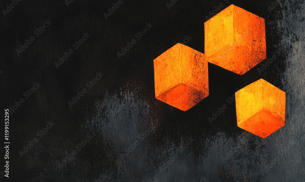 Poster vibrant geometric abstract art with textured orange cubes on dark background - a modern design explo