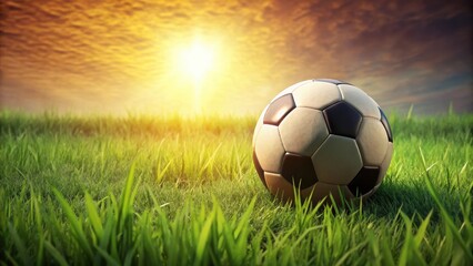 A soccer ball lies on a lush green grass with visible blades and soil texture , field, outdoor scene,  field