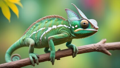 Obraz premium Un camaleón verde con ojos grandes y una cola larga posado en una rama sobre un fondo colorido y borroso