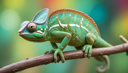 Obraz premium Un camaleón verde con ojos grandes y una cola larga posado en una rama sobre un fondo colorido y borroso