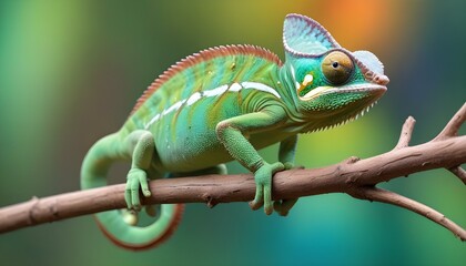Obraz premium Un camaleón verde con ojos grandes y una cola larga posado en una rama sobre un fondo colorido y borroso