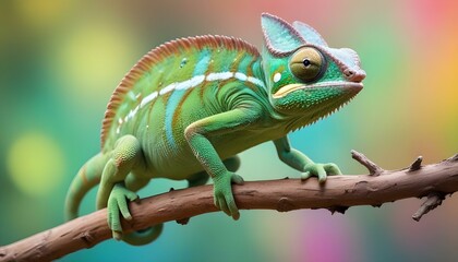 Fototapeta premium Un camaleón verde con ojos grandes y una cola larga posado en una rama sobre un fondo colorido y borroso