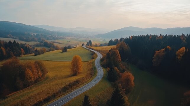 Breathtaking aerial perspective of a winding road through picturesque german countryside landscape