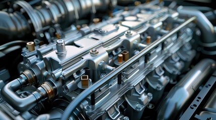 A detailed view of a car engine, showcasing fuel injectors, cylinder heads, and valve covers, with smooth transitions and realistic lighting highlighting the textures