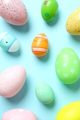 Happy Easter card. Easter eggs on color background, top view