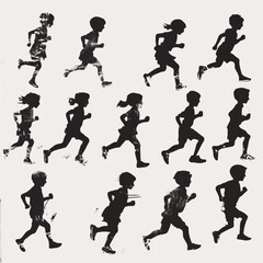 15 silhouettes of children running and playing tag