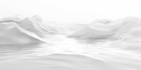 Fototapeta premium A serene landscape unfolds with soft, undulating white hills that reflect the gentle light. The tranquil waters flow smoothly, creating an ethereal and peaceful atmosphere in the scene