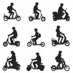 15 silhouettes of people riding scooters in various directions