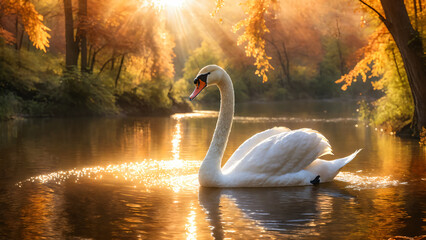 Fototapeta premium Swan in the autumn dusk forest background. 