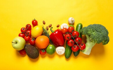 Clean healthy eating habits concept. Fruits, herbs, greens and vegetables mix, colorful juicy organic detox smoothie juice ingredients, color background. Vegan vegetarian diet food