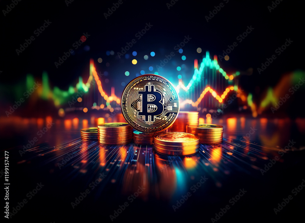 Poster glowing bitcoin rests atop a stack of coins against a vibrant, dynamic background of a cryptocurrenc