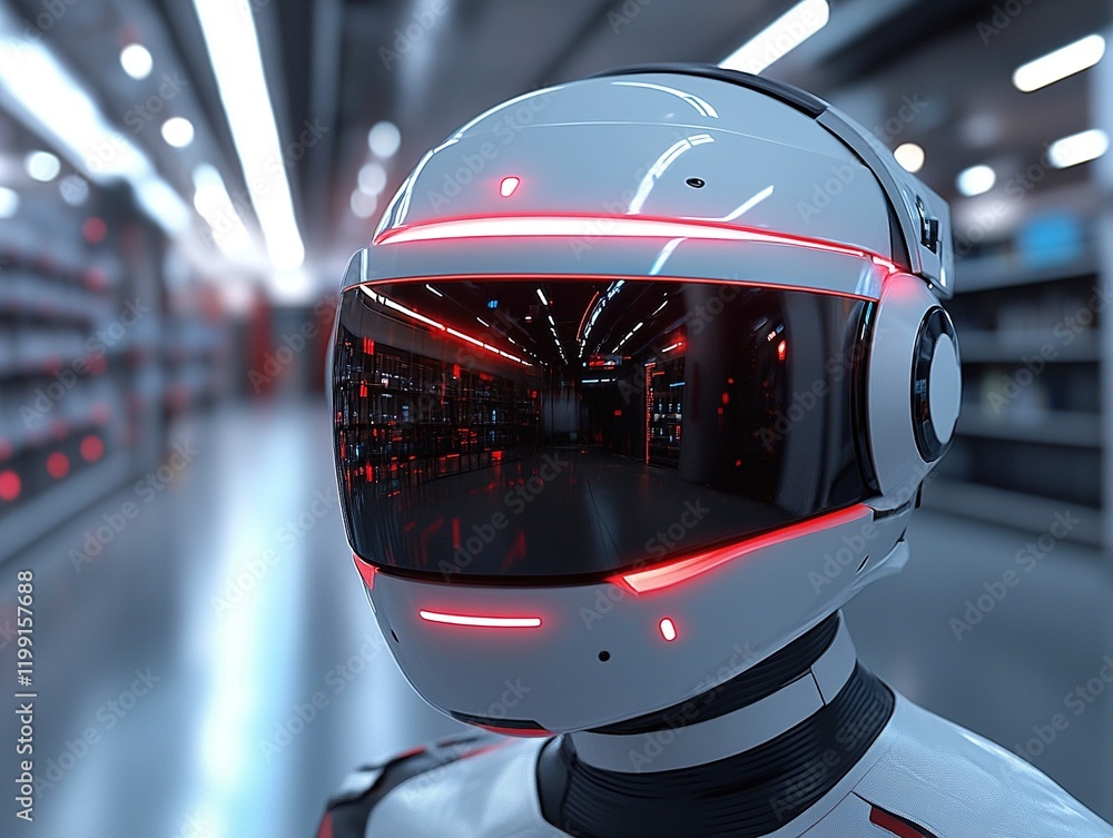 Poster robot with visor in warehouse reflecting data servers