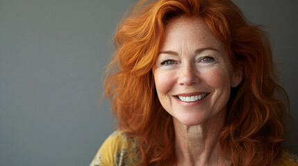 Fototapeta premium Charming red-haired senior woman vibrant smile warm personality timeless elegance joy casual portrait natural lighting cozy model good sunny nice pride faith belief confident photography happy life