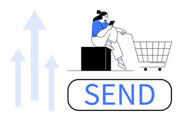 Woman with phone sitting on block, shopping cart beside, upward arrows, and send button. Ideal for e-commerce, online communication, growth, digital transactions, convenience user interaction