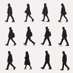 15 silhouettes of people walking in various directions