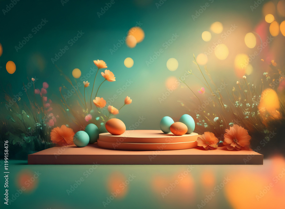 Poster a pastel-colored spring scene with eggs and flowers on a circular platform. soft lighting and bokeh 
