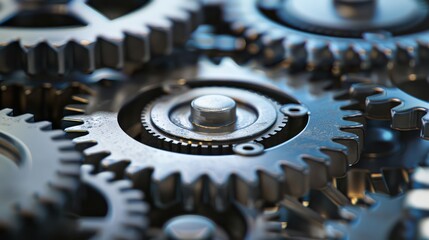 A clockwork mechanism with varying gears, spinning in sync, showcasing detailed textures, metallic surfaces, and seamless meshing motion with reflected light