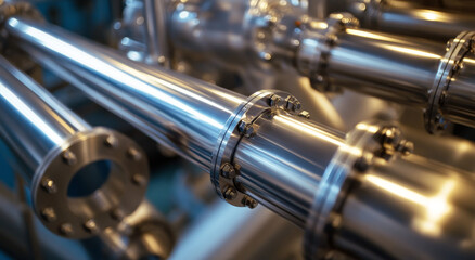 Naklejka premium A close-up view of shiny metal pipes and fittings interconnected in a manufacturing environment, showcasing their precise construction and purpose for transporting fluids within the facility