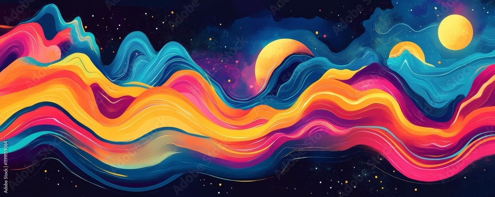 Poster vibrant abstract neon waves in a dynamic flowing pattern.