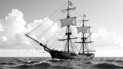 Obraz premium A striking 3D black-and-white model of a towering sailing ship glides through churning ocean waves, its silhouette sharp and bold against the vast expanse, facing right in this close-up, eye-level out