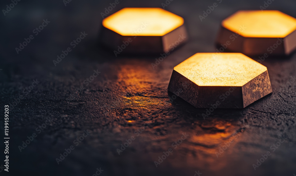 Poster elegant hexagonal ambient lighting design with warm glow creating artistic visual contrast and moder