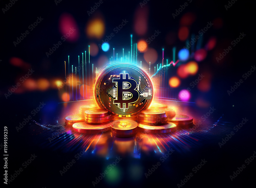 Poster glowing bitcoin on a stack of coins, surrounded by vibrant lights and dynamic graphs, symbolizing cr