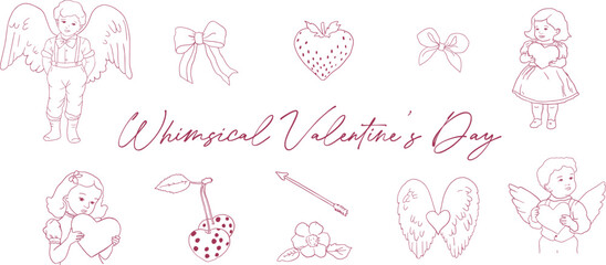 Whimsical Valentines day line art illustrations. Vector set of outline Angels, Cupids, Cute Boys and Girls, Bows, Cherry, Wings, Hearts art. Sublimation design