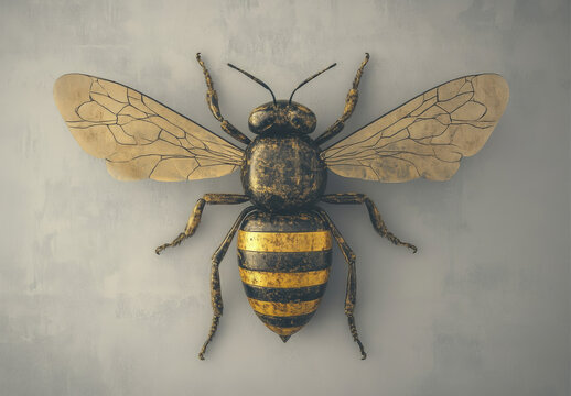This artwork features a close-up of a bee, emphasizing its delicate wings and striking yellow and black stripes. The textured background enhances the bee's three-dimensional appearance and detail
