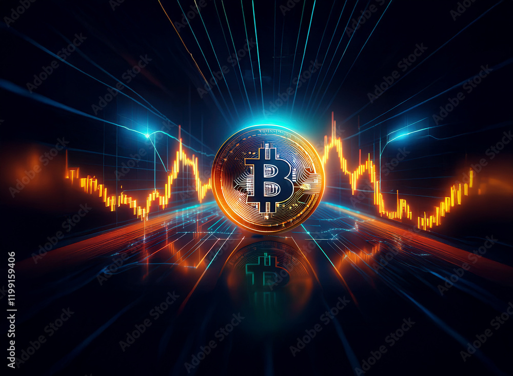 Poster a glowing bitcoin sits at the center of a dynamic, abstract graph depicting cryptocurrency market vo