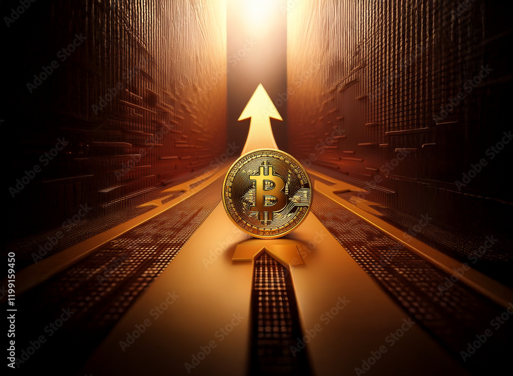 Poster a golden bitcoin rests on an upward-pointing arrow within a glowing, converging tunnel, symbolizing 
