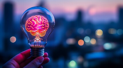 A glowing light bulb with a brain inside held by a person, against a blurred cityscape for a modern innovative vibe
