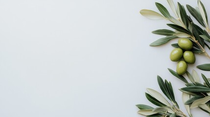 Fresh green olives with leaves on minimalist white background. Horizontal banner, website header, postcard with copy space