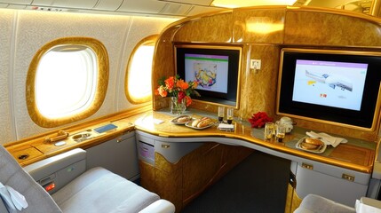 A luxurious first-class cabin with spacious seats and personal screens.