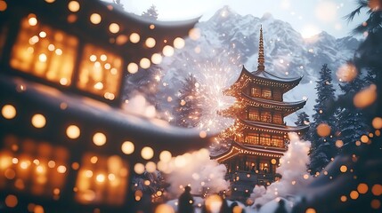 Firecrackers erupt in sparks and smoke while people celebrate in front of a grand ancient Chinese temple lit with warm festive lights