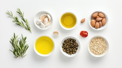 Arrangement of natural ingredients: oils, nuts, herbs, and grains on white background. Horizontal banner, website header, postcard, illustration for posts and articles