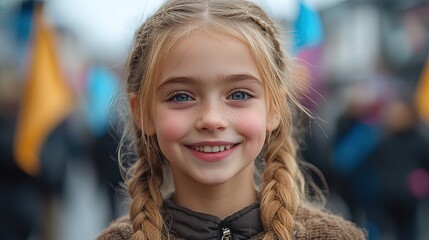 Obraz premium A smiling girl with braids, surrounded by a colorful crowd at an outdoor event.