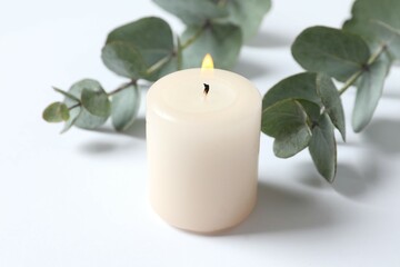 Beautiful composition with burning wax candle and eucalyptus on the white background 