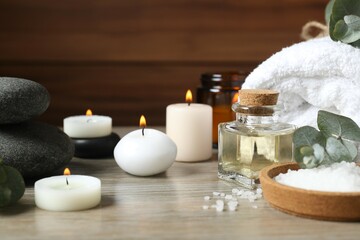 Beautiful spa accessories on the table in a massage room