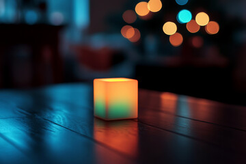 A glowing cube sits on a wooden table with blurred colorful lights in the background. Concept of tranquility and ambiance. For a cozy home decor showcase.