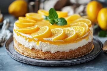 Delicious lemon cake topped with fresh lemon slices and mint leaves on a rustic table setting