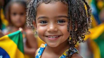 A joyful girl smiles while holding a Brazilian flag amidst a festive celebration.