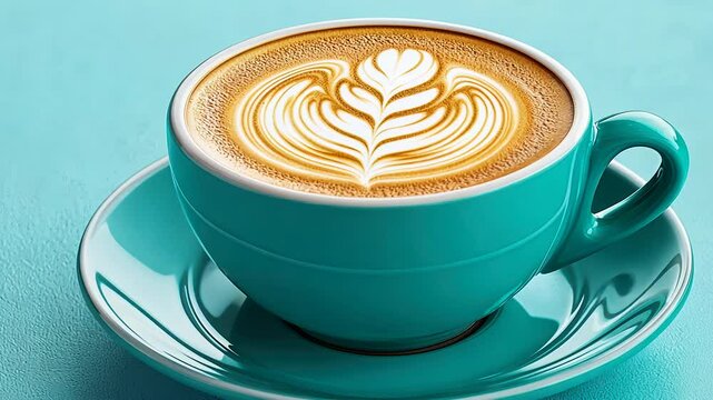 A beautifully crafted latte in a turquoise cup, resting on a matching saucer