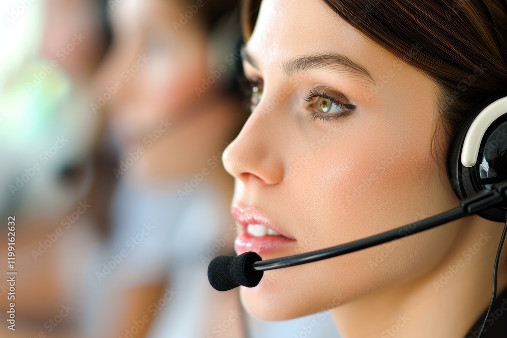 Poster call center operator working with headset, providing customer service and support