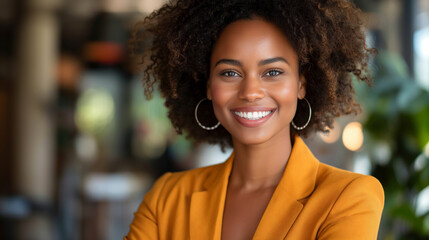 Confident young professional woman in a vibrant yellow blazer, perfect for business promotions and leadership content