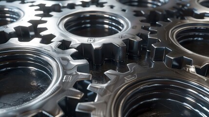 A clockwork mechanism with varying gears, spinning in sync, showcasing detailed textures, metallic surfaces, and seamless meshing motion with reflected light