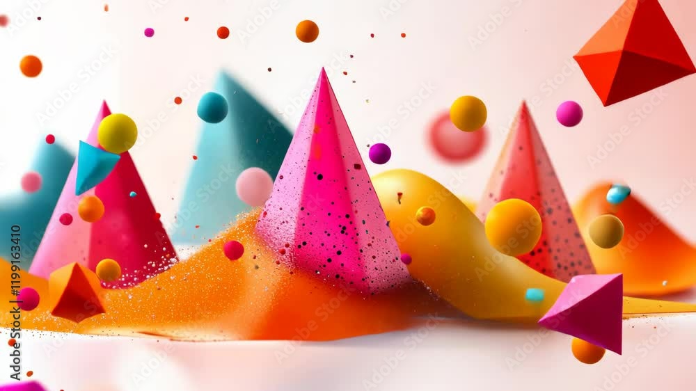 Poster colorful image of three pink and three yellow pyramids with a white background. the pyramids are sca