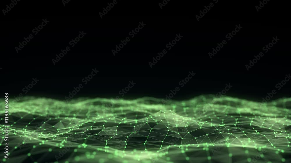 Poster digital technology wave. dark cyberspace with green motion dots and lines. futuristic digital backgr