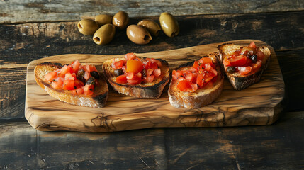 Bruschetta with fresh tomatoes and olives on rustic wooden board. Horizontal banner, website header, postcard, illustration for posts and articles. Concept of traditional Italian cuisine