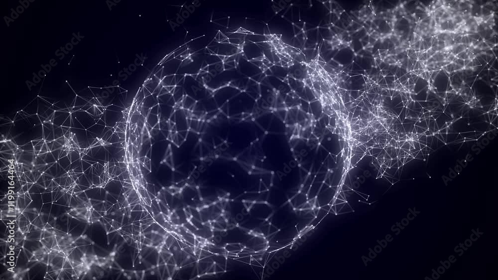Poster Sci-fi white sphere with network connection on cyberspace with moving particles. Big data visualization. Wireframe sphere. Abstract technology background. 3d rendering.